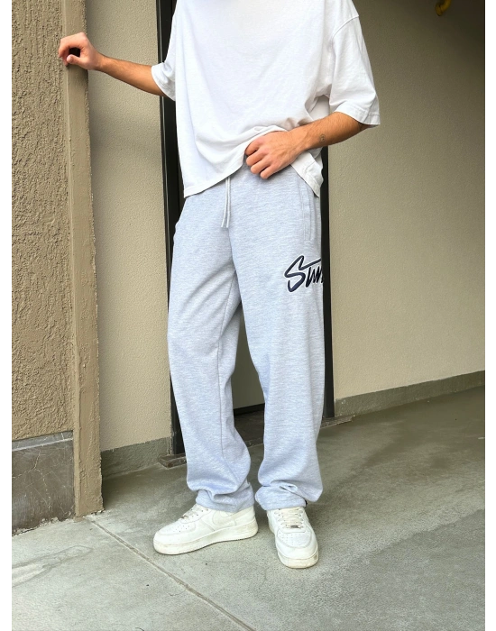 2 İPLİK KUMAŞ BAGGY KALIP PAÇA LASTİKLİ STW İÇİ DOLUMLU NAKIŞ EŞOFMAN ALTI GRİ