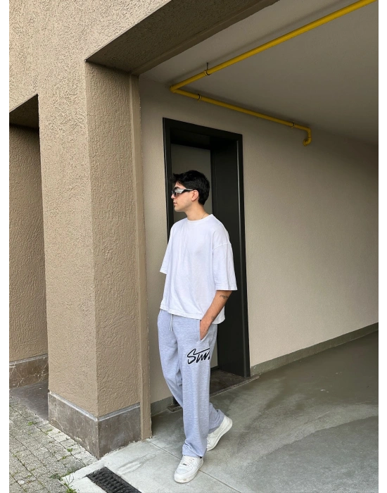 2 İPLİK KUMAŞ BAGGY KALIP PAÇA LASTİKLİ STW İÇİ DOLUMLU NAKIŞ EŞOFMAN ALTI GRİ