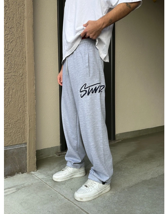 2 İPLİK KUMAŞ BAGGY KALIP PAÇA LASTİKLİ STW İÇİ DOLUMLU NAKIŞ EŞOFMAN ALTI GRİ