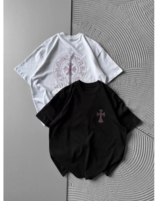 BİSİKLET YAKA + TAŞLI NAKIŞ OVERSİZE TSHİRT SİYAH