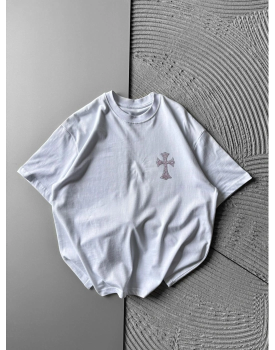 BİSİKLET YAKA + TAŞLI NAKIŞ OVERSİZE TSHİRT BEYAZ