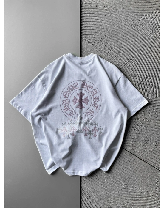 BİSİKLET YAKA + TAŞLI NAKIŞ OVERSİZE TSHİRT BEYAZ