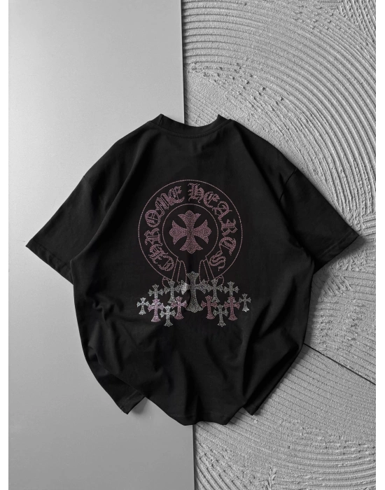 BİSİKLET YAKA + TAŞLI NAKIŞ OVERSİZE TSHİRT SİYAH