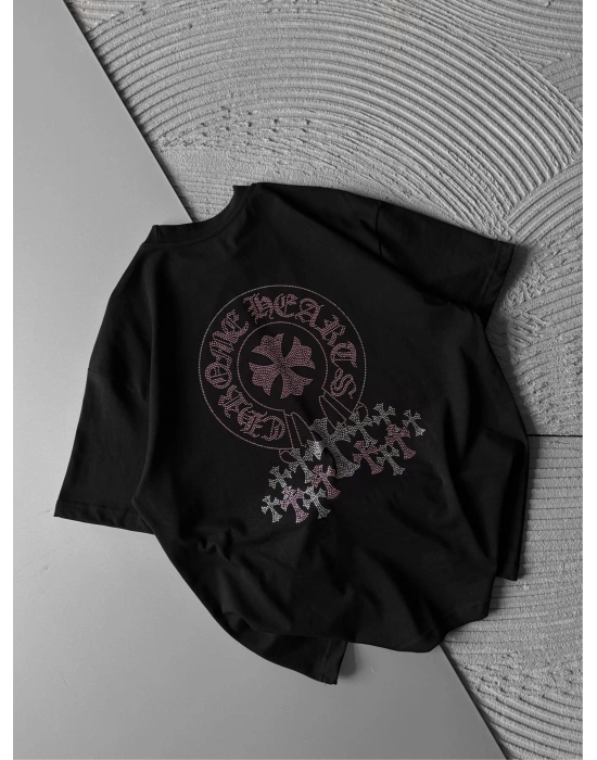 BİSİKLET YAKA + TAŞLI NAKIŞ OVERSİZE TSHİRT SİYAH