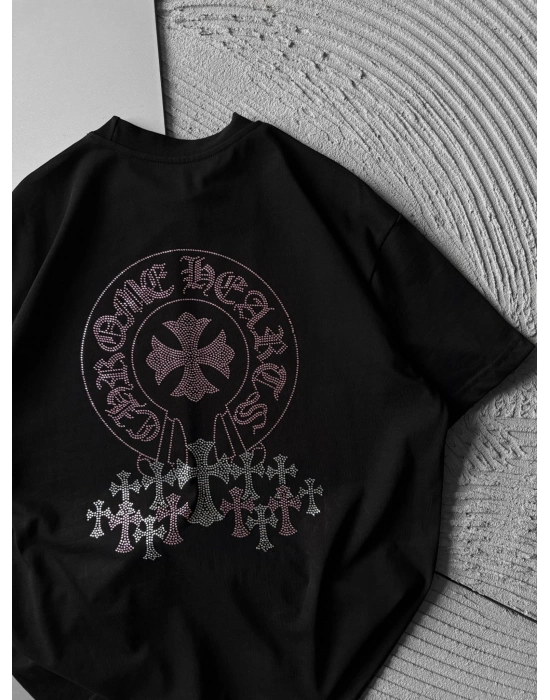 BİSİKLET YAKA + TAŞLI NAKIŞ OVERSİZE TSHİRT SİYAH