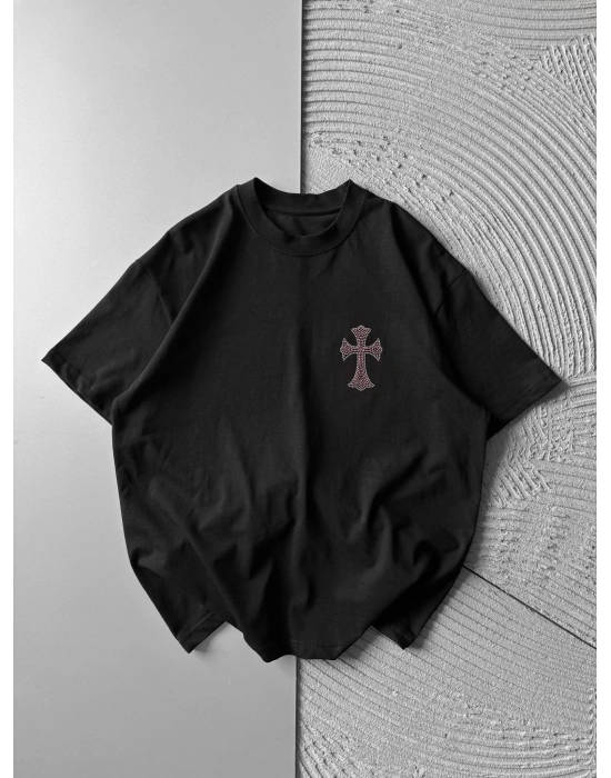 BİSİKLET YAKA + TAŞLI NAKIŞ OVERSİZE TSHİRT SİYAH