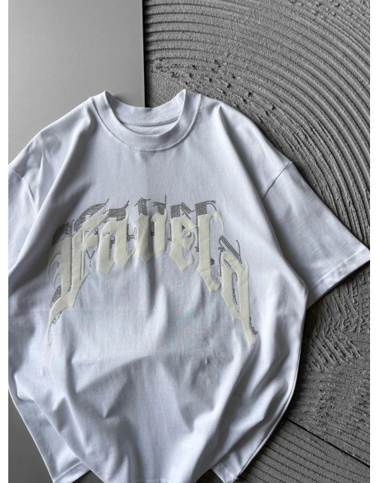 BİSİKLET YAKA TAŞLI KABARMA BASKI OVERSİZE TSHİRT BEYAZ