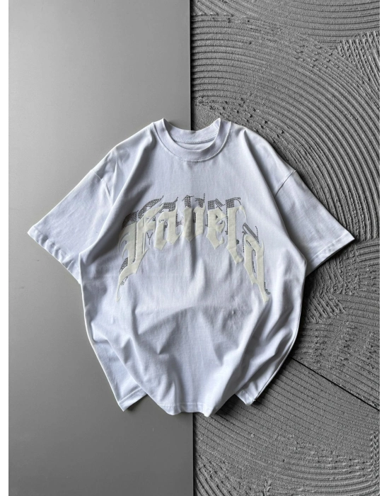 BİSİKLET YAKA TAŞLI KABARMA BASKI OVERSİZE TSHİRT BEYAZ