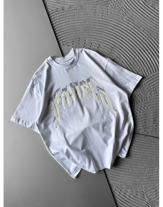 BİSİKLET YAKA TAŞLI KABARMA BASKI OVERSİZE TSHİRT BEYAZ