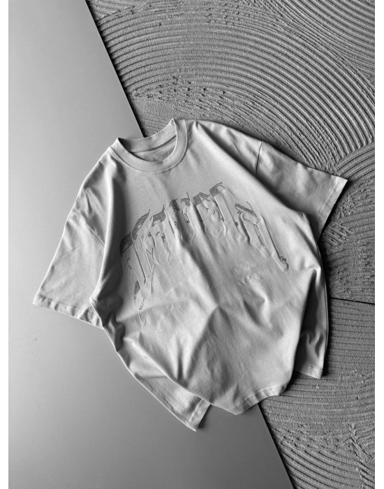 BİSİKLET YAKA TAŞLI KABARMA BASKI OVERSİZE TSHİRT GRİ