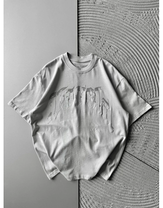 BİSİKLET YAKA TAŞLI KABARMA BASKI OVERSİZE TSHİRT GRİ