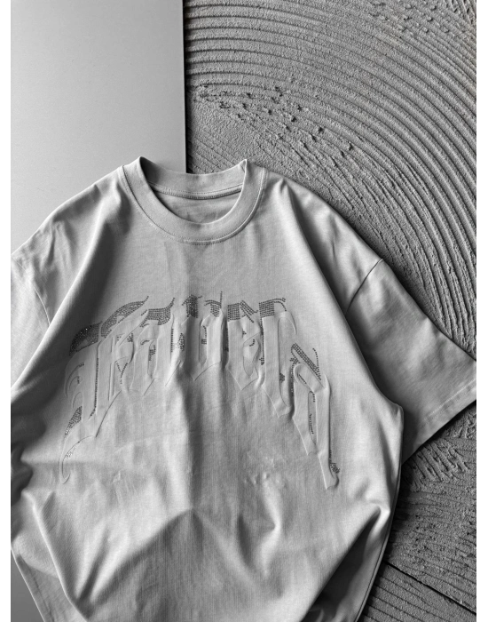 BİSİKLET YAKA TAŞLI KABARMA BASKI OVERSİZE TSHİRT GRİ