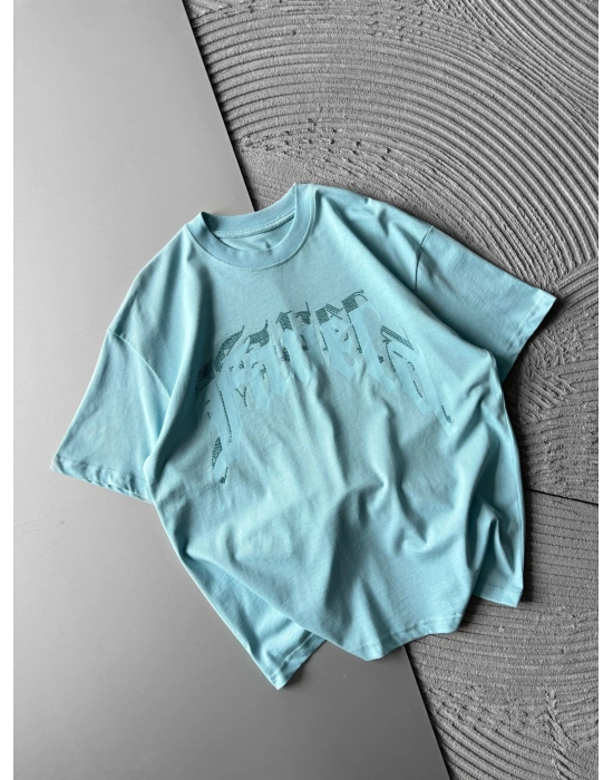 BİSİKLET YAKA TAŞLI KABARMA BASKI OVERSİZE TSHİRT MAVİ