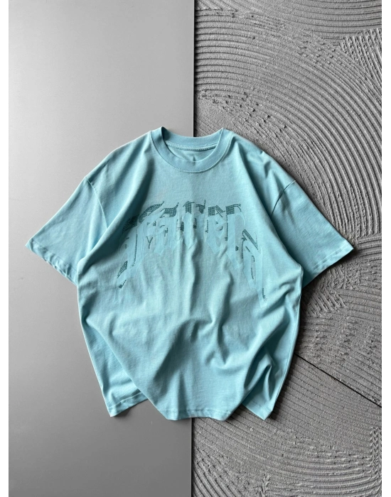 BİSİKLET YAKA TAŞLI KABARMA BASKI OVERSİZE TSHİRT MAVİ