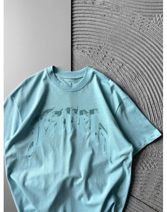 BİSİKLET YAKA TAŞLI KABARMA BASKI OVERSİZE TSHİRT MAVİ