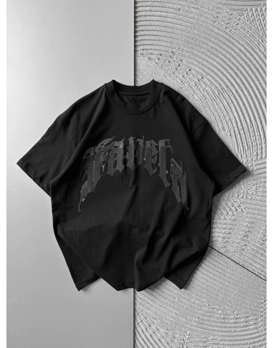 BİSİKLET YAKA TAŞLI KABARMA BASKI OVERSİZE TSHİRT SİYAH