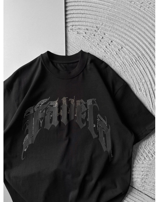 BİSİKLET YAKA TAŞLI KABARMA BASKI OVERSİZE TSHİRT SİYAH