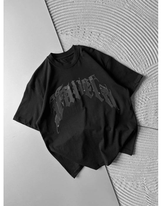 BİSİKLET YAKA TAŞLI KABARMA BASKI OVERSİZE TSHİRT SİYAH