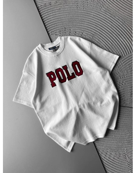 BİSİKLET YAKA PLO NAKIŞ DETAY DÜZ OVERSİZE TSHİRT BEYAZ