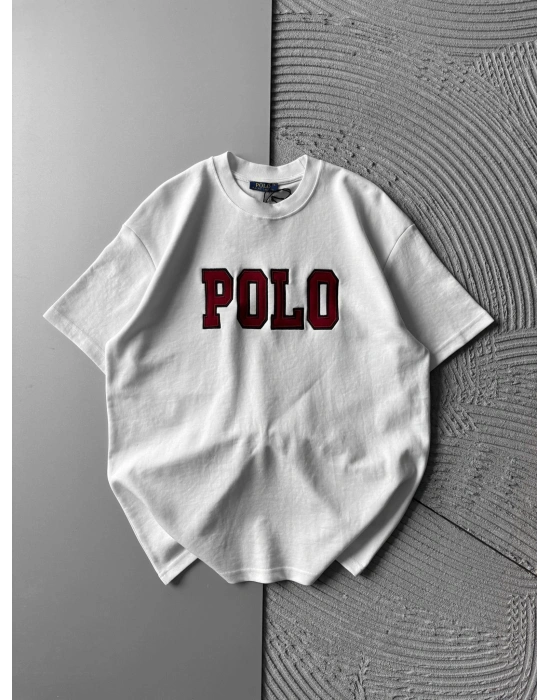 BİSİKLET YAKA PLO NAKIŞ DETAY DÜZ OVERSİZE TSHİRT BEYAZ