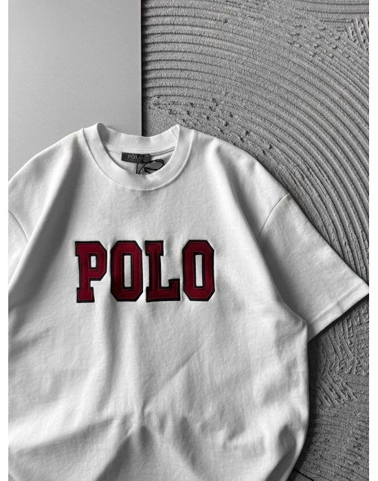 BİSİKLET YAKA PLO NAKIŞ DETAY DÜZ OVERSİZE TSHİRT BEYAZ