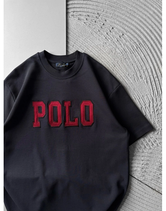 BİSİKLET YAKA PLO NAKIŞ DETAY DÜZ OVERSİZE TSHİRT ANTRASİT