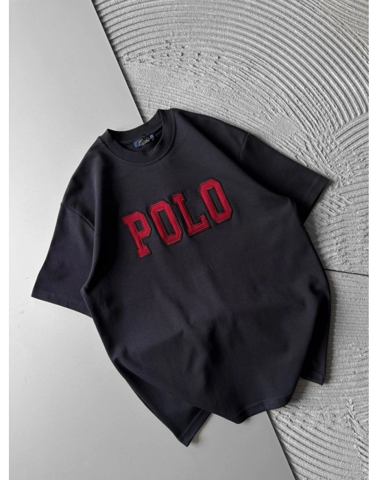 BİSİKLET YAKA PLO NAKIŞ DETAY DÜZ OVERSİZE TSHİRT ANTRASİT