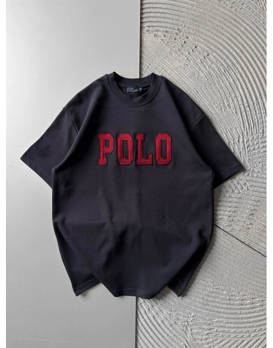 BİSİKLET YAKA PLO NAKIŞ DETAY DÜZ OVERSİZE TSHİRT ANTRASİT