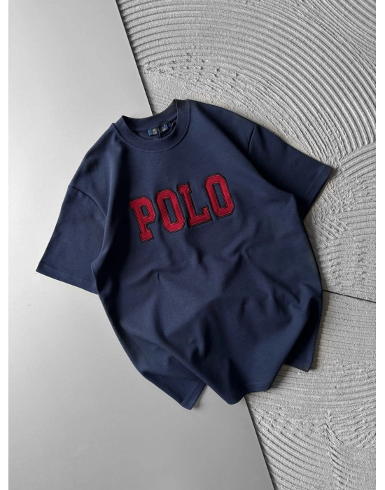 BİSİKLET YAKA PLO NAKIŞ DETAY DÜZ OVERSİZE TSHİRT LACİ