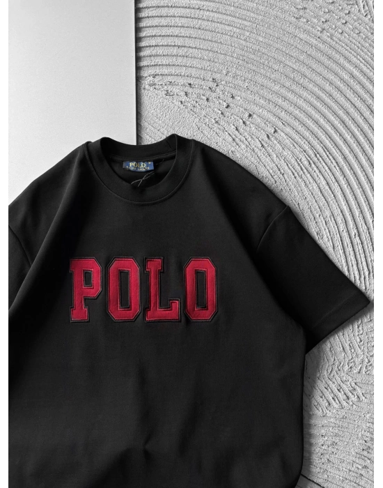 BİSİKLET YAKA PLO NAKIŞ DETAY DÜZ OVERSİZE TSHİRT SİYAH