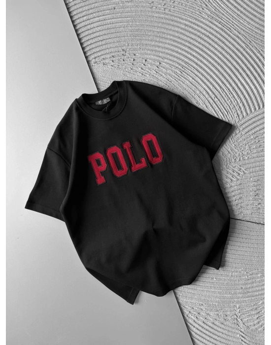 BİSİKLET YAKA PLO NAKIŞ DETAY DÜZ OVERSİZE TSHİRT SİYAH