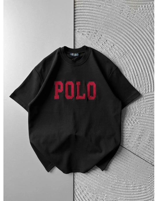 BİSİKLET YAKA PLO NAKIŞ DETAY DÜZ OVERSİZE TSHİRT SİYAH