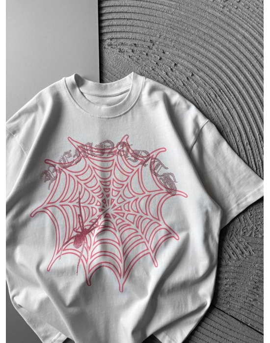 BİSİKLET YAKA TAŞLI ÖRÜMCEK BASKI OVERSİZE TSHİRT BEYAZ