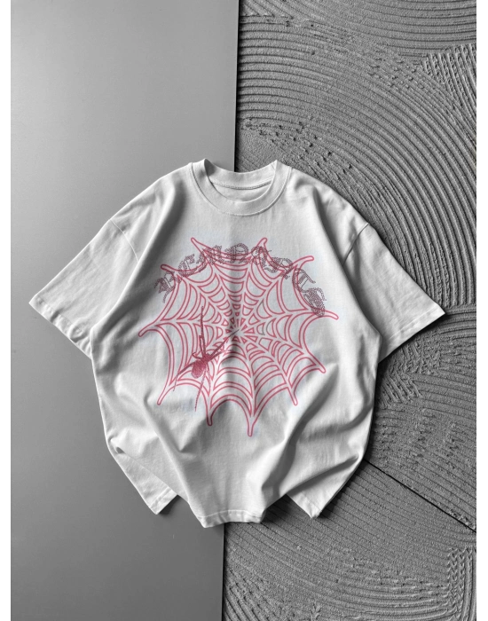 BİSİKLET YAKA TAŞLI ÖRÜMCEK BASKI OVERSİZE TSHİRT BEYAZ