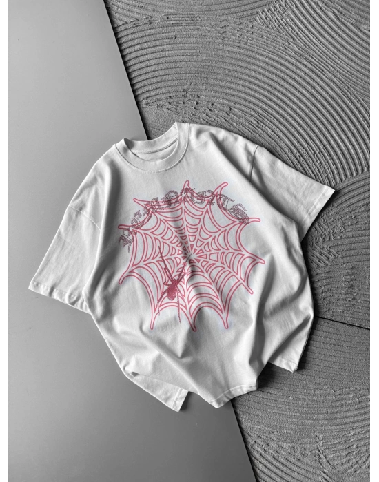BİSİKLET YAKA TAŞLI ÖRÜMCEK BASKI OVERSİZE TSHİRT BEYAZ