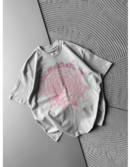 BİSİKLET YAKA TAŞLI ÖRÜMCEK BASKI OVERSİZE TSHİRT GRİ