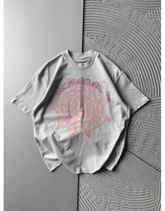 BİSİKLET YAKA TAŞLI ÖRÜMCEK BASKI OVERSİZE TSHİRT GRİ