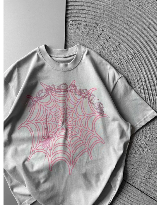 BİSİKLET YAKA TAŞLI ÖRÜMCEK BASKI OVERSİZE TSHİRT GRİ