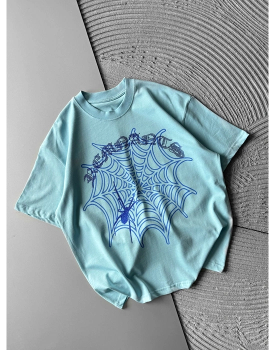 BİSİKLET YAKA TAŞLI ÖRÜMCEK BASKI OVERSİZE TSHİRT MAVİ