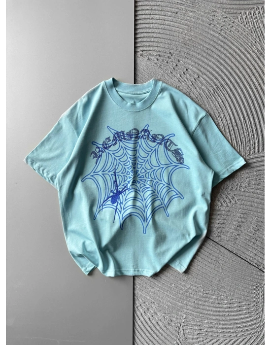 BİSİKLET YAKA TAŞLI ÖRÜMCEK BASKI OVERSİZE TSHİRT MAVİ