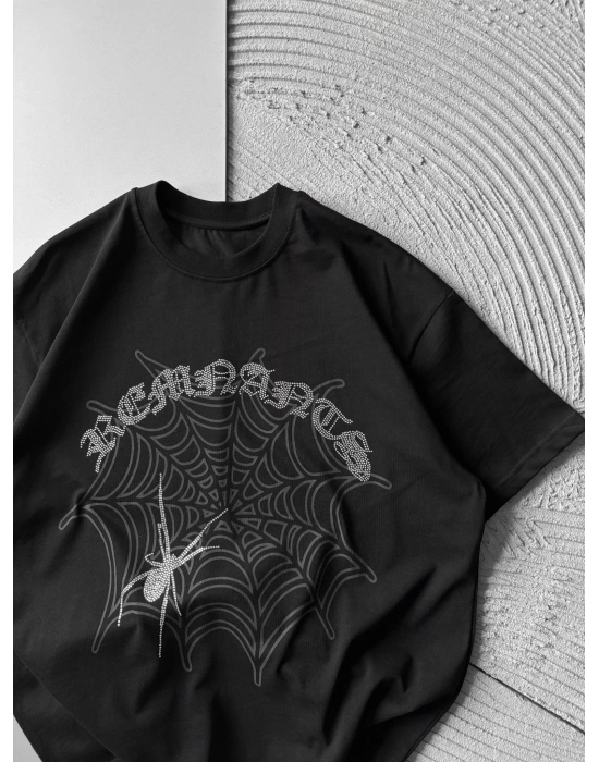 BİSİKLET YAKA TAŞLI ÖRÜMCEK BASKI OVERSİZE TSHİRT SİYAH