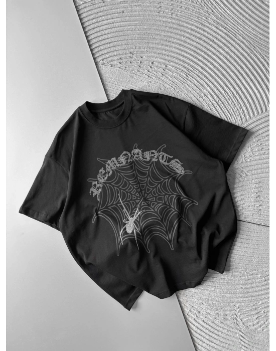 BİSİKLET YAKA TAŞLI ÖRÜMCEK BASKI OVERSİZE TSHİRT SİYAH