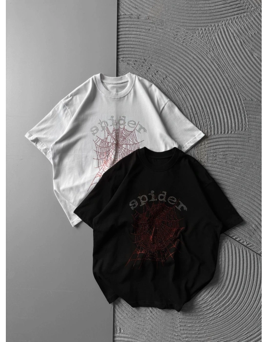BİSİKLET YAKA TAŞLI ÖRÜMCEK SPİDER OVERSİZE TSHİRT SİYAH