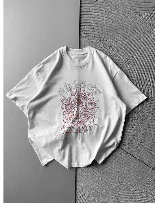 BİSİKLET YAKA TAŞLI ÖRÜMCEK SPİDER OVERSİZE TSHİRT BEYAZ