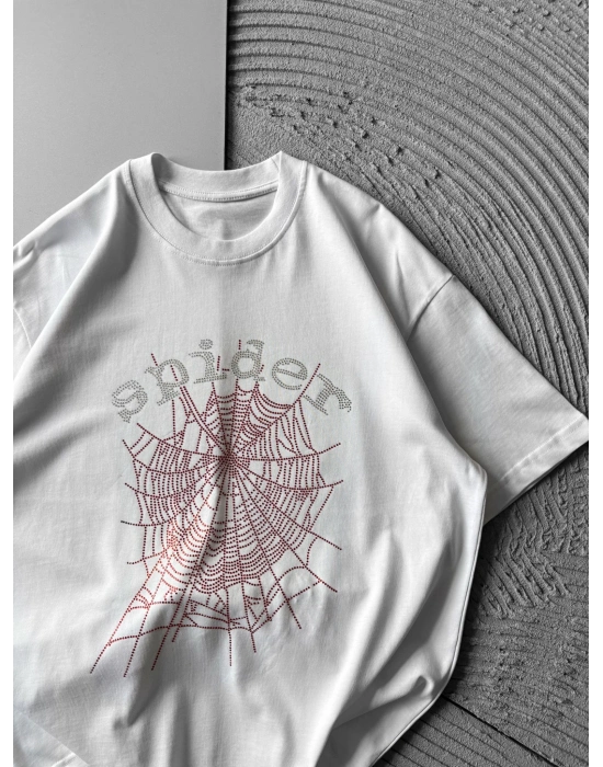 BİSİKLET YAKA TAŞLI ÖRÜMCEK SPİDER OVERSİZE TSHİRT BEYAZ