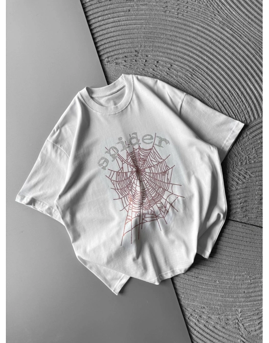 BİSİKLET YAKA TAŞLI ÖRÜMCEK SPİDER OVERSİZE TSHİRT BEYAZ