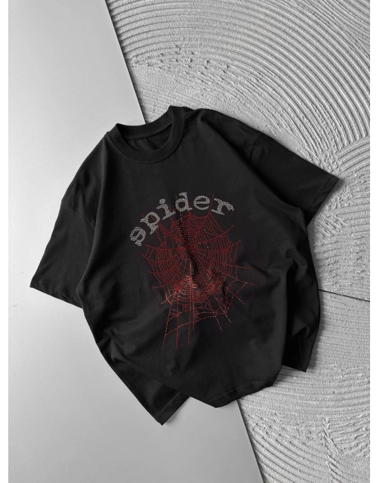 BİSİKLET YAKA TAŞLI ÖRÜMCEK SPİDER OVERSİZE TSHİRT SİYAH