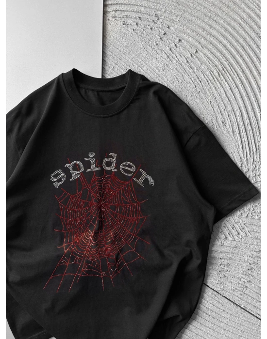 BİSİKLET YAKA TAŞLI ÖRÜMCEK SPİDER OVERSİZE TSHİRT SİYAH