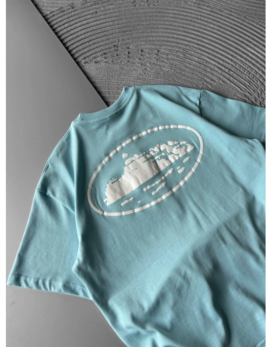 BİSİKLET YAKA CORTEZ BASKI OVERSİZE TSHİRT MAVİ