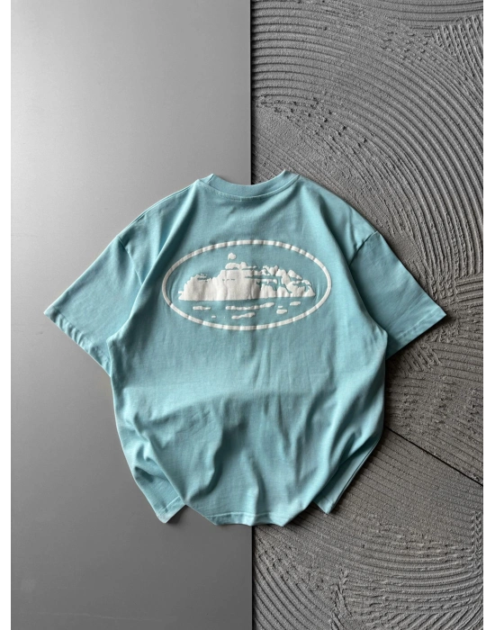 BİSİKLET YAKA CORTEZ BASKI OVERSİZE TSHİRT MAVİ